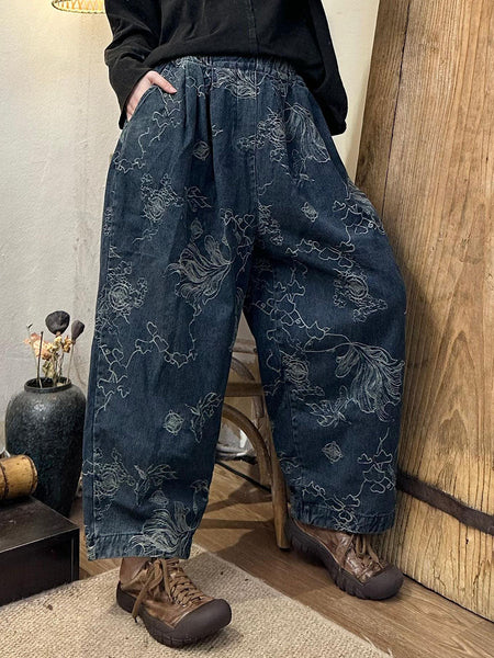 Women Autumn Retro Flower Cotton Straight Pants BA1006 Genistyle Shop