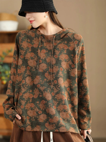 Women Autumn Vintage Flower Hooded Cotton Sweatshirt BA1012 Genistyle Shop
