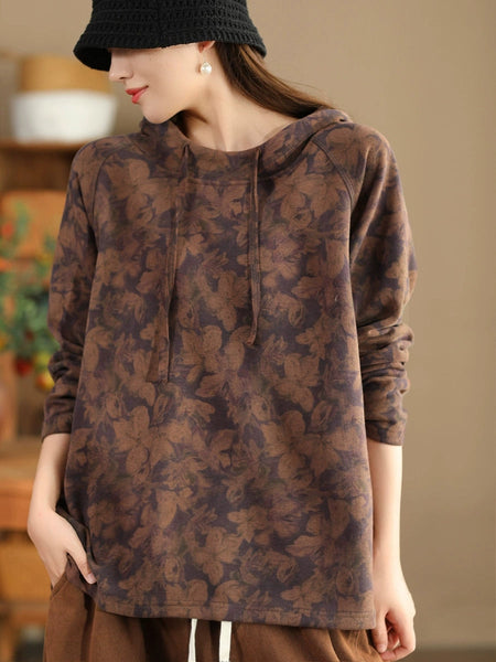 Women Autumn Vintage Flower Hooded Cotton Sweatshirt BA1012 Genistyle Shop