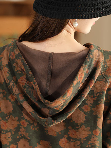 Women Autumn Vintage Flower Hooded Cotton Sweatshirt BA1012 Genistyle Shop