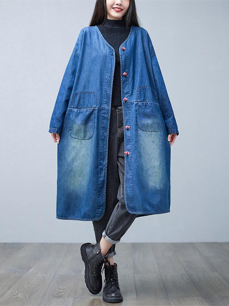 Women Casual Autumn Washed V-Neck Denim Long Coat BA1015 Genistyle Shop