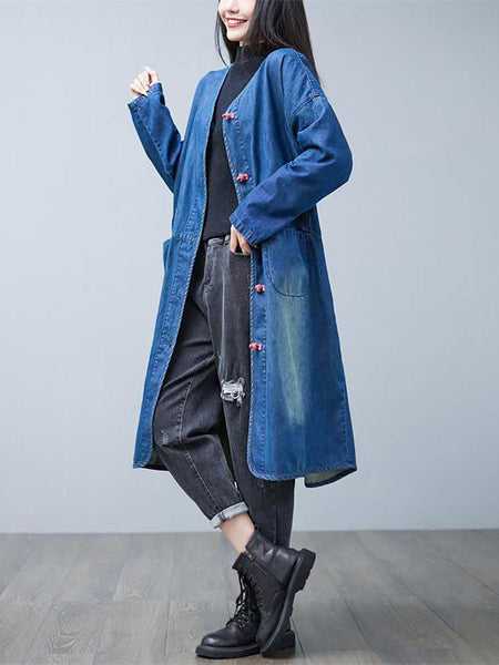 Women Casual Autumn Washed V-Neck Denim Long Coat BA1015 Genistyle Shop
