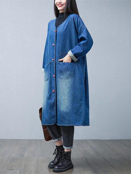 Women Casual Autumn Washed V-Neck Denim Long Coat BA1015 Genistyle Shop