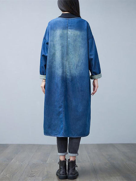 Women Casual Autumn Washed V-Neck Denim Long Coat BA1015 Genistyle Shop