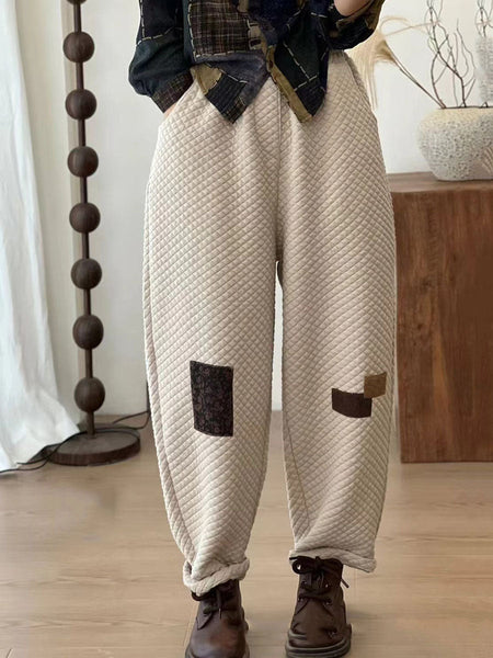Women Autumn Retro Lattice Patch Thick Cotton Pants BA1007 Genistyle Shop