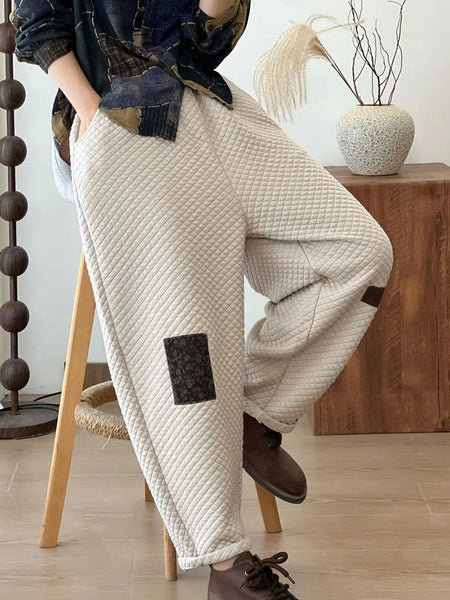 Women Autumn Retro Lattice Patch Thick Cotton Pants BA1007 Genistyle Shop