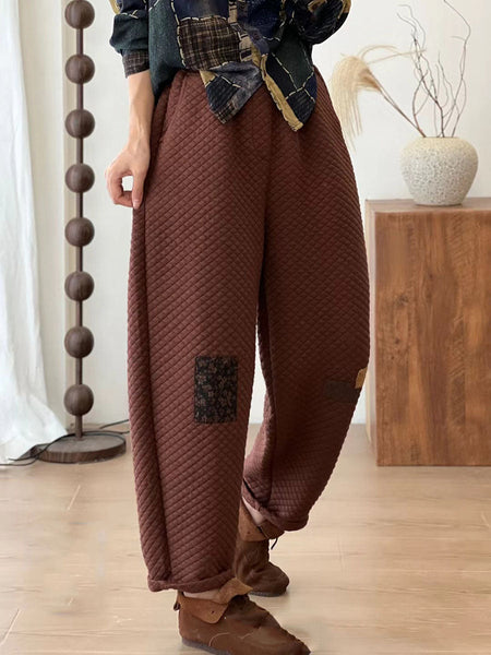 Women Autumn Retro Lattice Patch Thick Cotton Pants BA1007 Genistyle Shop