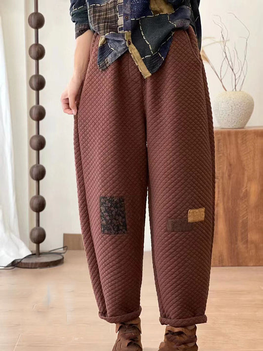 Women Autumn Retro Lattice Patch Thick Cotton Pants BA1007 Genistyle Shop