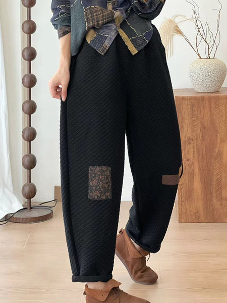 Women Autumn Retro Lattice Patch Thick Cotton Pants BA1007 Genistyle Shop