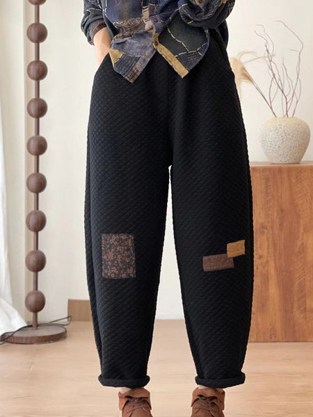 Women Autumn Retro Lattice Patch Thick Cotton Pants BA1007 Genistyle Shop