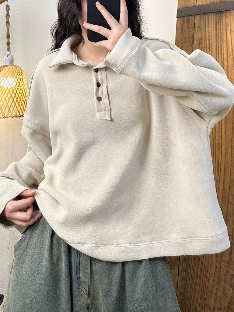 Women Autumn Retro Solid Turn-down Collar Cotton Sweatshirt BA1008 Genistyle Shop