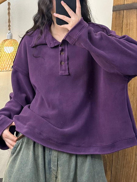 Women Autumn Retro Solid Turn-down Collar Cotton Sweatshirt BA1008 Genistyle Shop