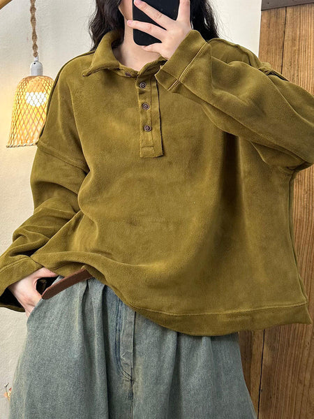 Women Autumn Retro Solid Turn-down Collar Cotton Sweatshirt BA1008 Genistyle Shop