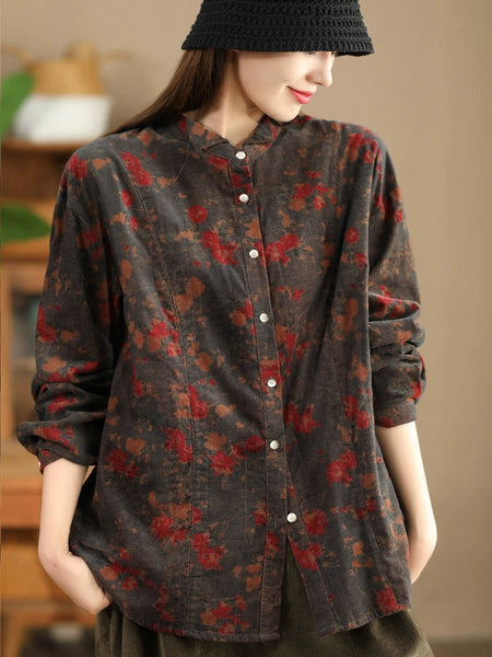 Women Retro Autumn Flower Turn-down Collar Corduroy Shirt BA1019 Genistyle Shop