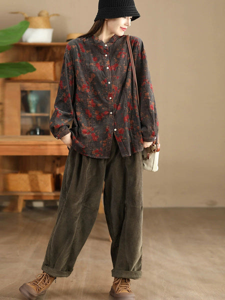 Women Retro Autumn Flower Turn-down Collar Corduroy Shirt BA1019 Genistyle Shop