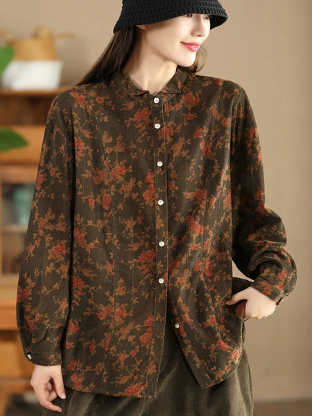 Women Retro Autumn Flower Turn-down Collar Corduroy Shirt BA1019 Genistyle Shop
