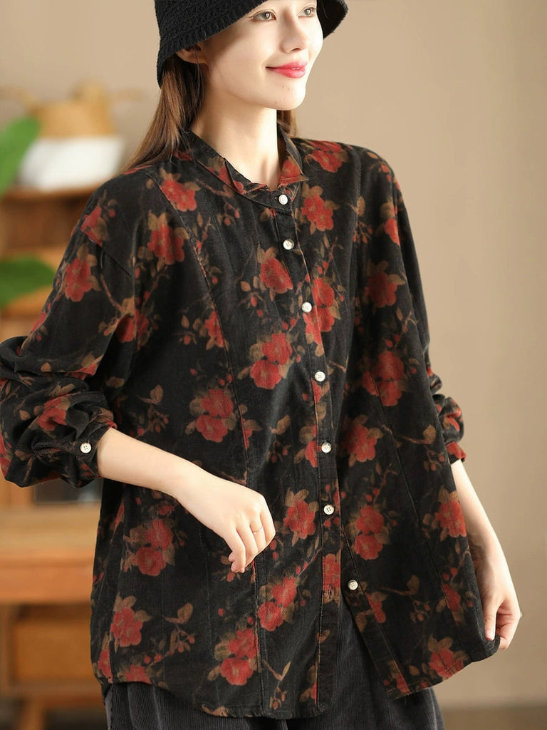 Women Retro Autumn Flower Turn-down Collar Corduroy Shirt BA1019 Genistyle Shop