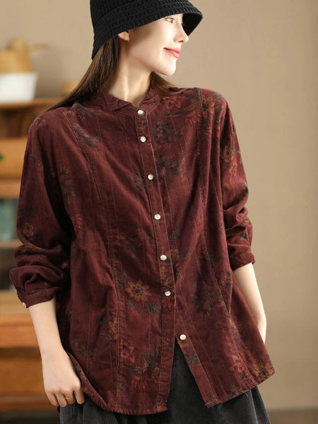 Women Retro Autumn Flower Turn-down Collar Corduroy Shirt BA1019 Genistyle Shop