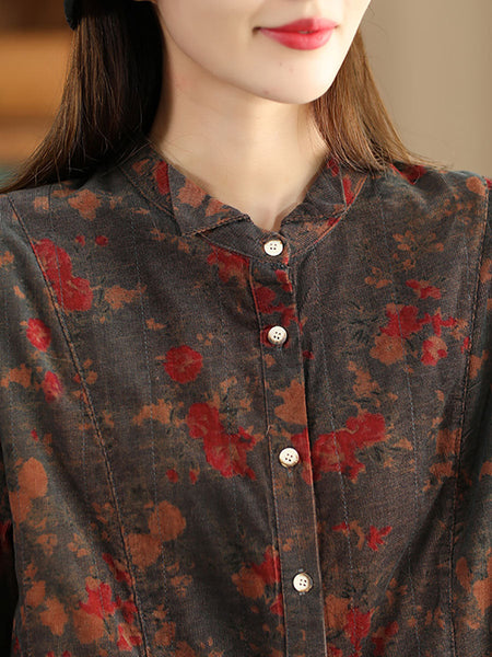 Women Retro Autumn Flower Turn-down Collar Corduroy Shirt BA1019 Genistyle Shop