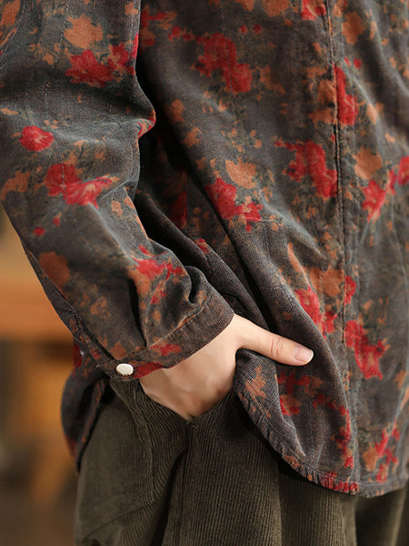 Women Retro Autumn Flower Turn-down Collar Corduroy Shirt BA1019 Genistyle Shop