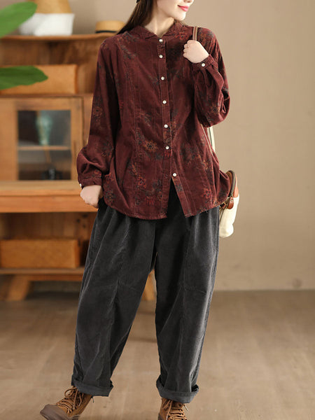 Women Retro Autumn Flower Turn-down Collar Corduroy Shirt BA1019 Genistyle Shop