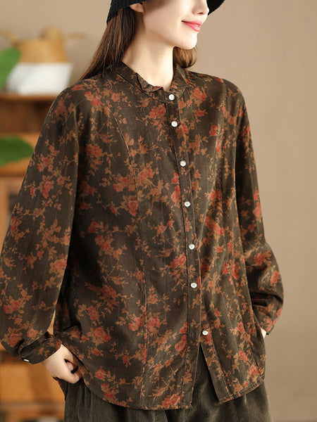 Women Retro Autumn Flower Turn-down Collar Corduroy Shirt BA1019 Genistyle Shop
