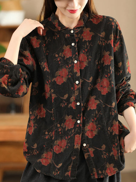 Women Retro Autumn Flower Turn-down Collar Corduroy Shirt BA1019 Genistyle Shop