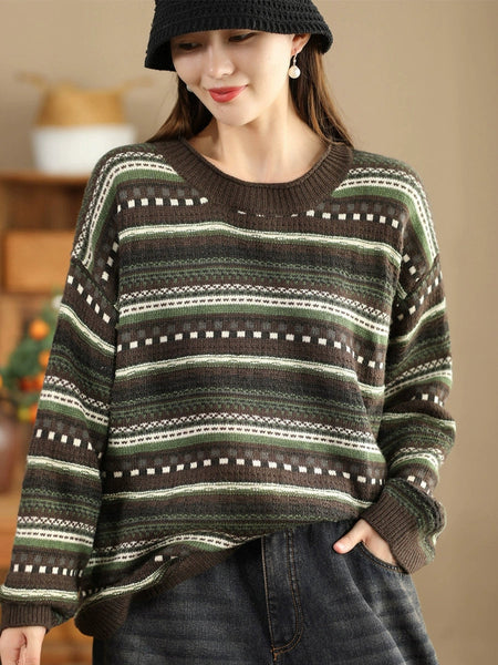 Women Casual Autumn Stripe Jacquard O-Neck Sweater BA1014 Genistyle Shop