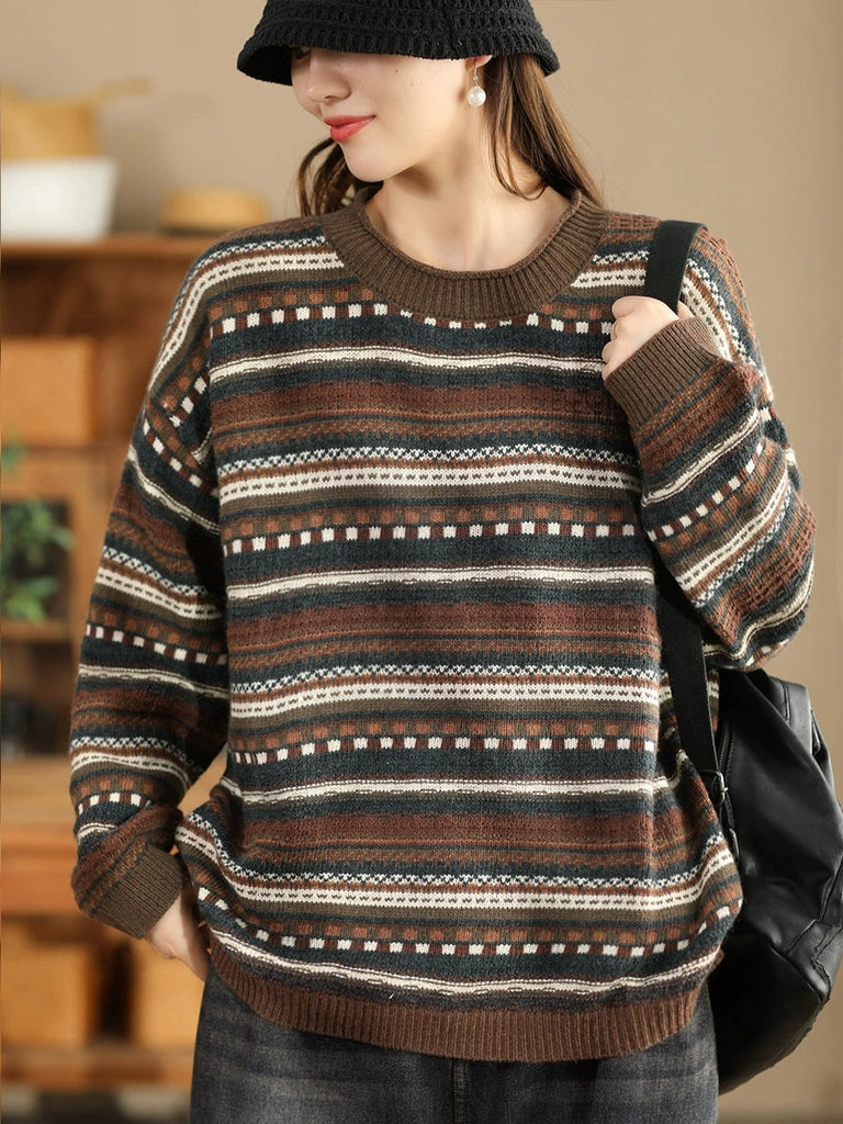 Women Casual Autumn Stripe Jacquard O-Neck Sweater BA1014 Genistyle Shop