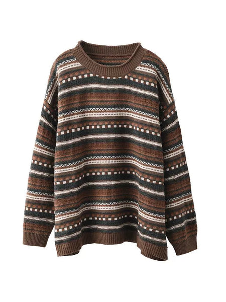 Women Casual Autumn Stripe Jacquard O-Neck Sweater BA1014 Genistyle Shop