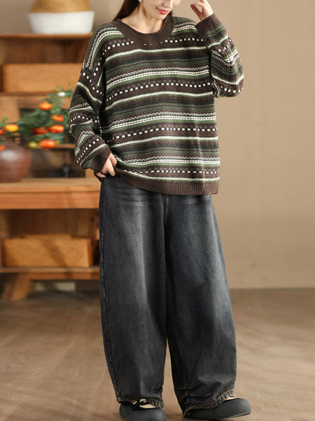 Women Casual Autumn Stripe Jacquard O-Neck Sweater BA1014 Genistyle Shop