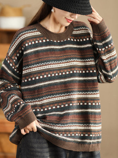 Women Casual Autumn Stripe Jacquard O-Neck Sweater BA1014 Genistyle Shop