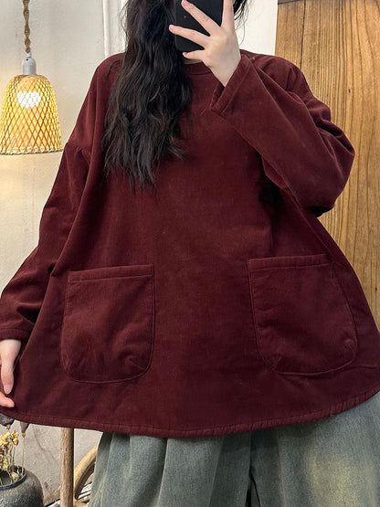 Women Winter Retro Solid O-Neck Fleece-lined Cotton Sweatshirt BA1024 Genistyle Shop