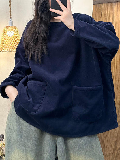 Women Winter Retro Solid O-Neck Fleece-lined Cotton Sweatshirt BA1024 Genistyle Shop