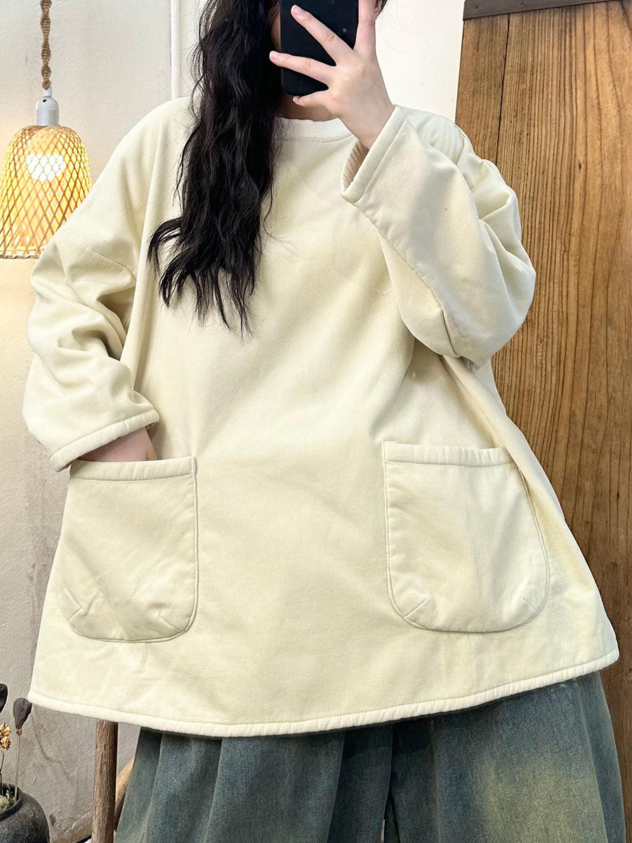 Women Winter Retro Solid O-Neck Fleece-lined Cotton Sweatshirt BA1024 Genistyle Shop