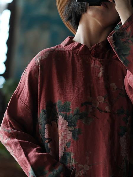 Women Ethnic Flower Autumn Loose 100%Cotton Shirt BA1047 Genistyle Shop