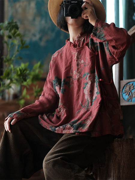 Women Ethnic Flower Autumn Loose 100%Cotton Shirt BA1047 Genistyle Shop