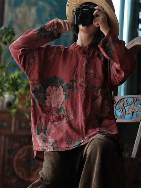 Women Ethnic Flower Autumn Loose 100%Cotton Shirt BA1047 Genistyle Shop