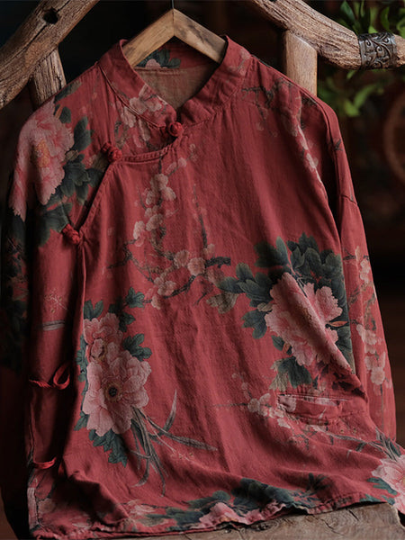 Women Ethnic Flower Autumn Loose 100%Cotton Shirt BA1047 Genistyle Shop
