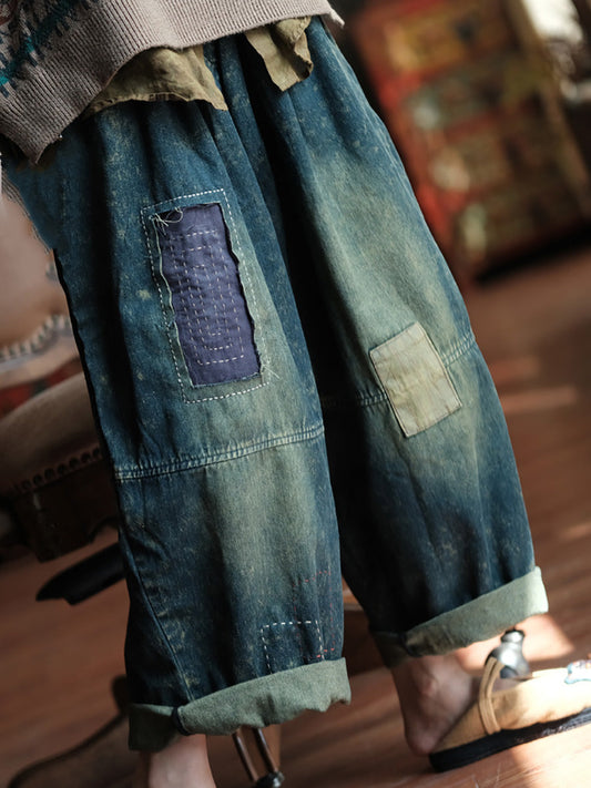 Women Autumn Retro Patch Spliced Denim Wide-leg Pants WG028 BK