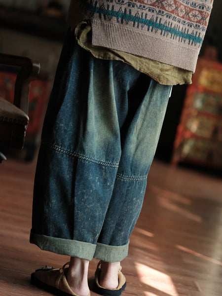 Women Autumn Retro Patch Spliced Denim Wide-leg Pants WG028 BK