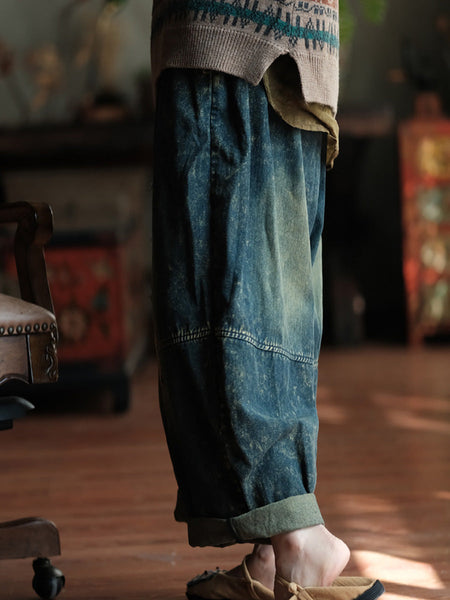 Women Autumn Retro Patch Spliced Denim Wide-leg Pants WG028 BK