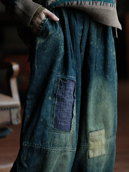 Women Autumn Retro Patch Spliced Denim Wide-leg Pants WG028 BK