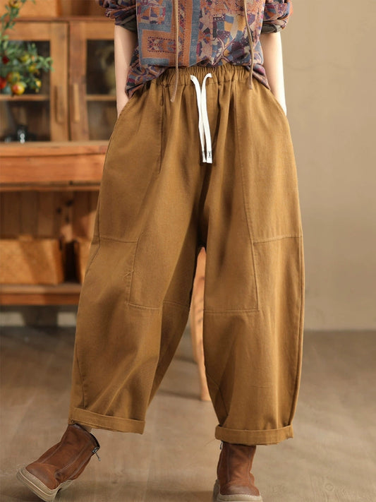 Women Autumn Retro Cotton Spliced Loose Solid Harem Pants BA1034 Genistyle Shop