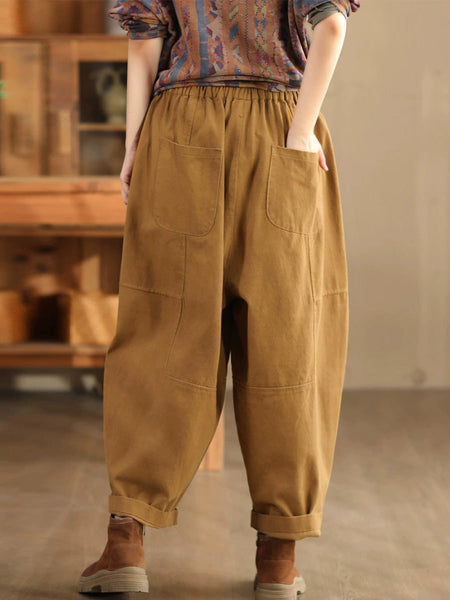 Women Autumn Retro Cotton Spliced Loose Solid Harem Pants BA1034 Genistyle Shop