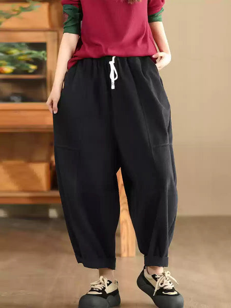 Women Autumn Retro Cotton Spliced Loose Solid Harem Pants BA1034 Genistyle Shop