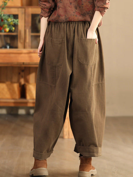 Women Autumn Retro Cotton Spliced Loose Solid Harem Pants BA1034 Genistyle Shop