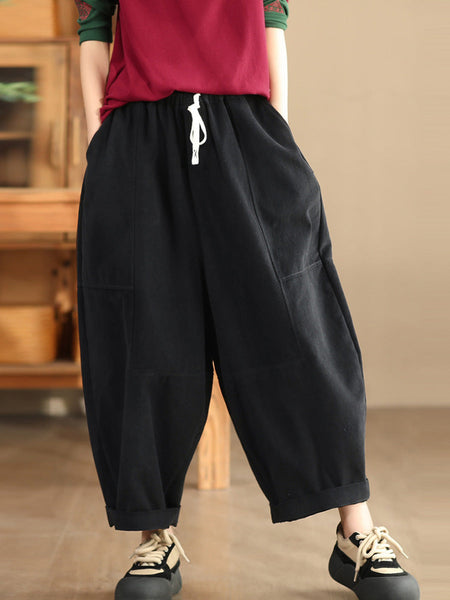 Women Autumn Retro Cotton Spliced Loose Solid Harem Pants BA1034 Genistyle Shop