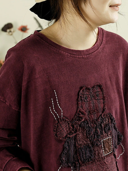 Women Autumn Vintage Cartoon Patch O-Neck Cotton Sweatshirt BA1039 Genistyle Shop