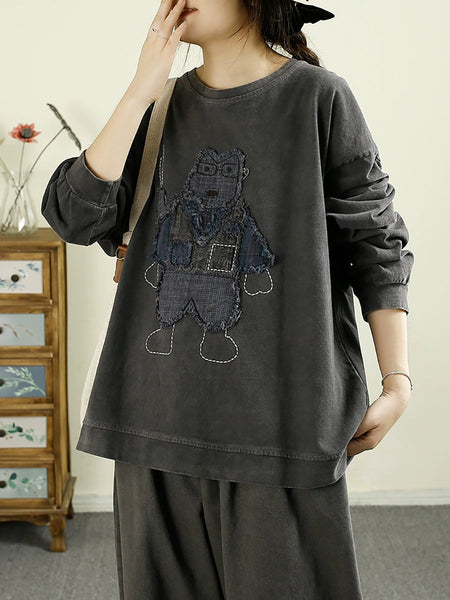 Women Autumn Vintage Cartoon Patch O-Neck Cotton Sweatshirt BA1039 Genistyle Shop